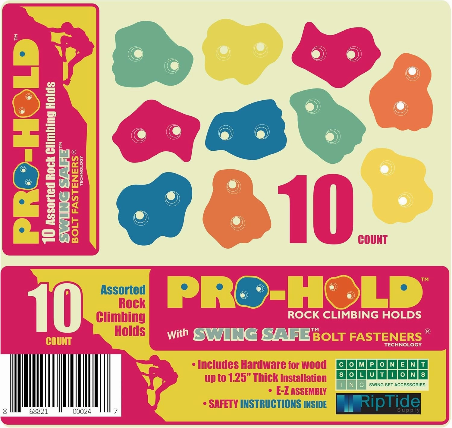 10 Assorted Deluxe Rock Climbing Holds for Kids :: Outdoor Climbing Stones Kit with 20 Swing Safe Fasteners   Drill Bit :: Easy to Install on Lumber from 3/4" to 1.25" Thick