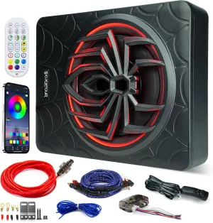 10" 1000W Slim Under Seat Powered Car Subwoofer, Car/Truck Audio Sub Built in Amplifier Combo, with Colorful LED Ambient Lights (RGB LED Subwoofer Mounting Wire Kit)