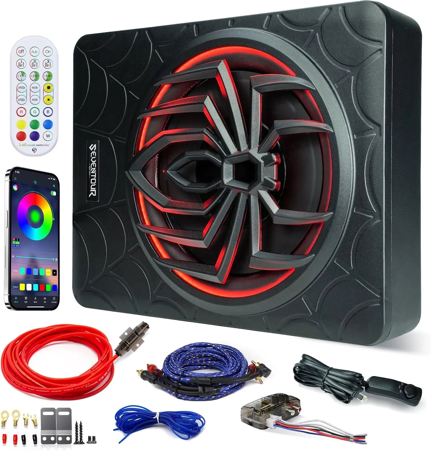 10" 1000W Slim Under Seat Powered Car Subwoofer, Car/Truck Audio Sub Built in Amplifier Combo, with Colorful LED Ambient Lights (RGB LED Subwoofer Mounting Wire Kit)
