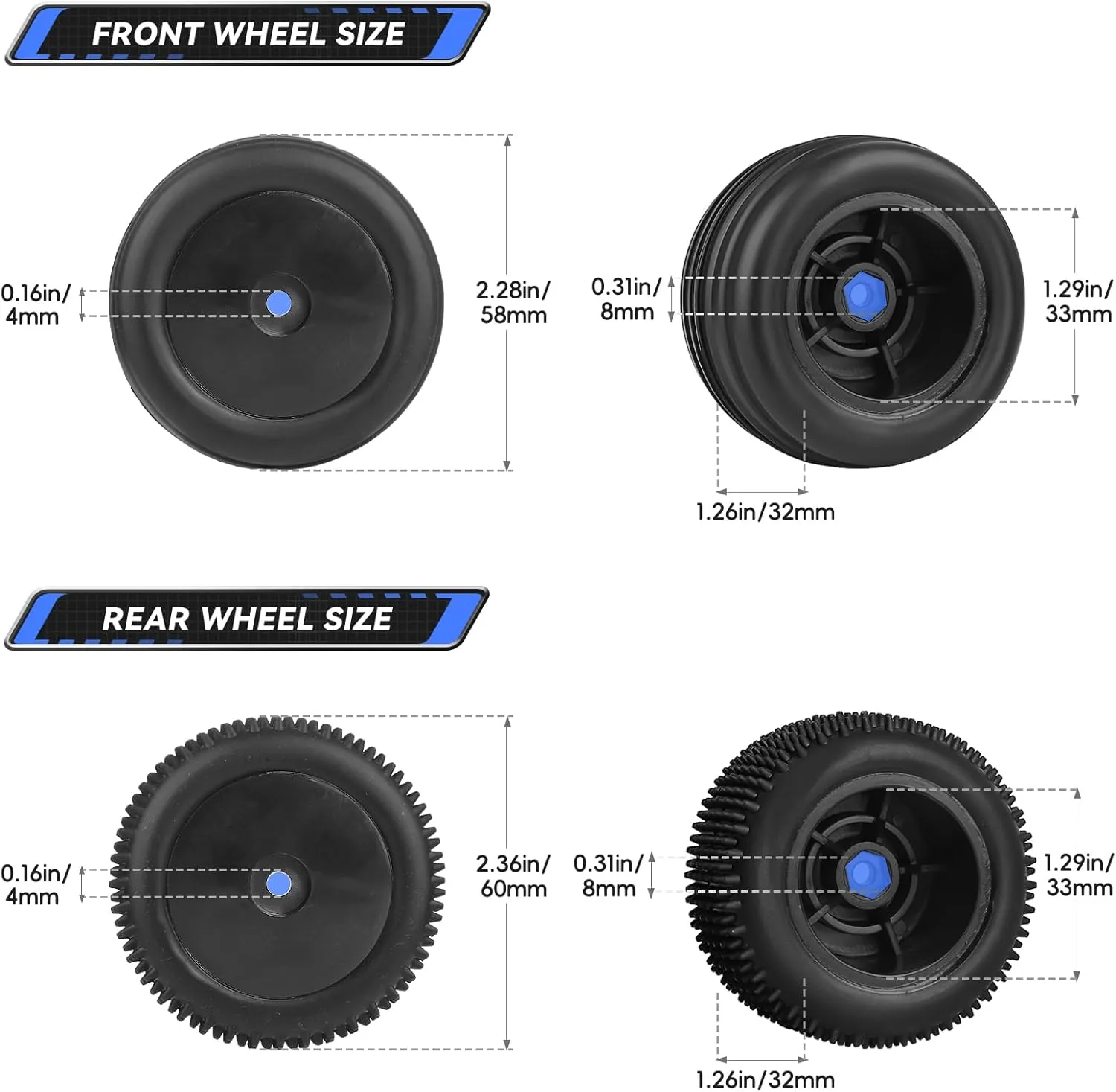 1/18 Off-Road Wheels and Tires 8mm Hex Preglued High Traction for Losi Mini-T 2.0 Brushless Stadium Truck (Black Wheels)