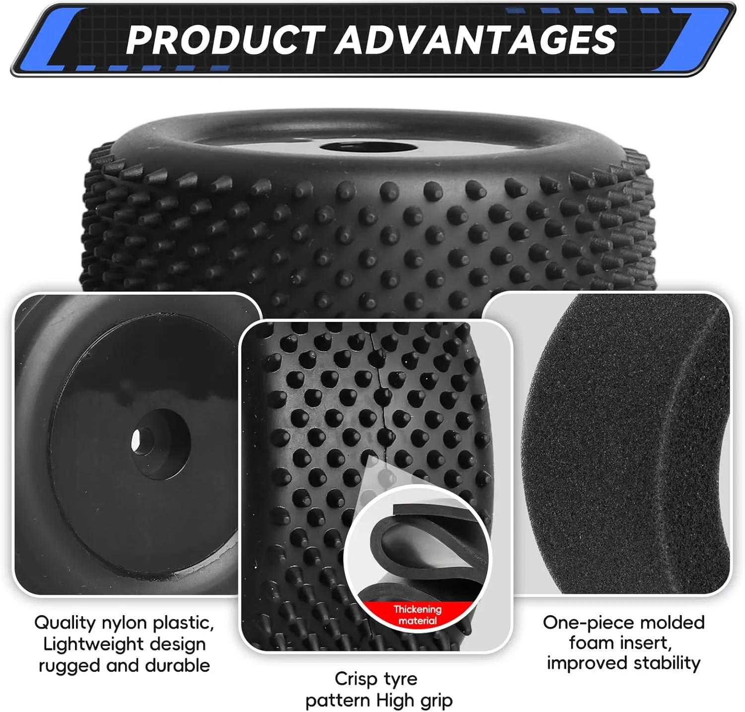 1/18 Off-Road Wheels and Tires 8mm Hex Preglued High Traction for Losi Mini-T 2.0 Brushless Stadium Truck (Black Wheels)