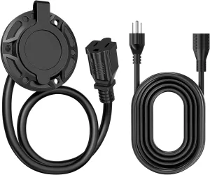 125V 15A AC Port Plug (with 42cm/16.54in Integrated Extension Cord and Water-Resistant Cap) & Power Extension Cord (3m/9.84ft), Power Inlet Socket Electrical Outlet Receptacle for Golf Cart