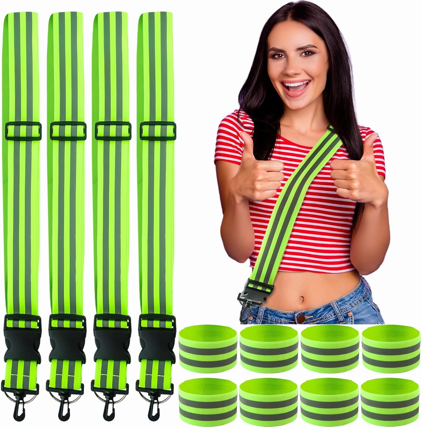 12 Pack High Visibility Reflective Running Gear Includes 4 Pcs Adjustable Reflective Sash and 4 Pcs Reflective Wristbands for Running Walking Biking at Night