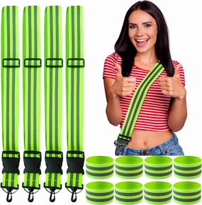 12 Pack High Visibility Reflective Running Gear Includes 4 Pcs Adjustable Reflective Sash and 4 Pcs Reflective Wristbands for Running Walking Biking at Night