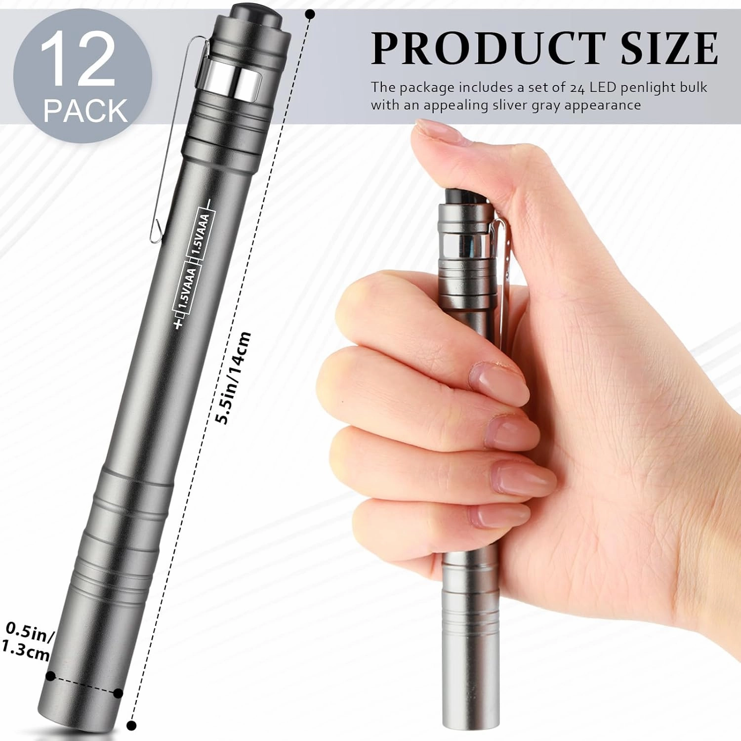 12 Pack LED Penlight Bulk, Pocket Flashlight with Clip, Aluminum Pen Flashlights Mini Pen Light for Nurses Hospital Outdoor Camping Emergency Hiking (Silver Gray)
