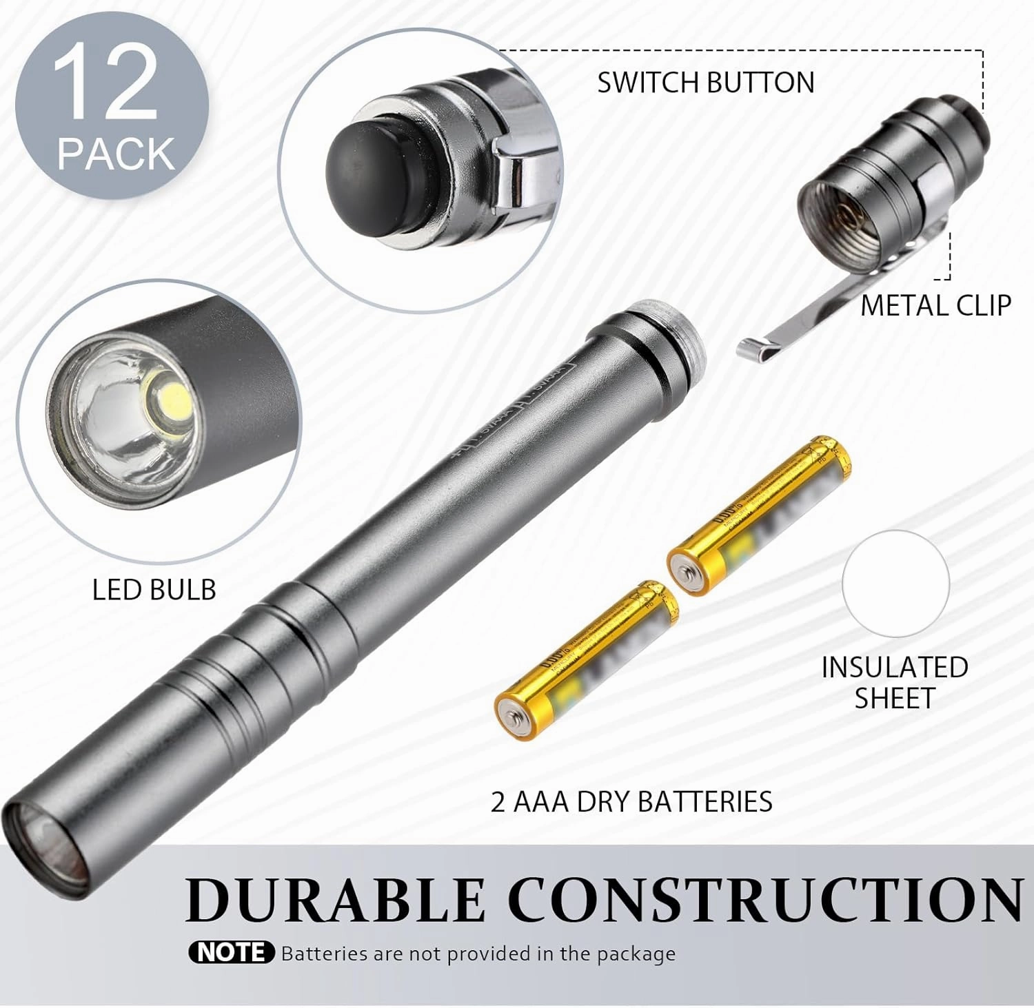 12 Pack LED Penlight Bulk, Pocket Flashlight with Clip, Aluminum Pen Flashlights Mini Pen Light for Nurses Hospital Outdoor Camping Emergency Hiking (Silver Gray)