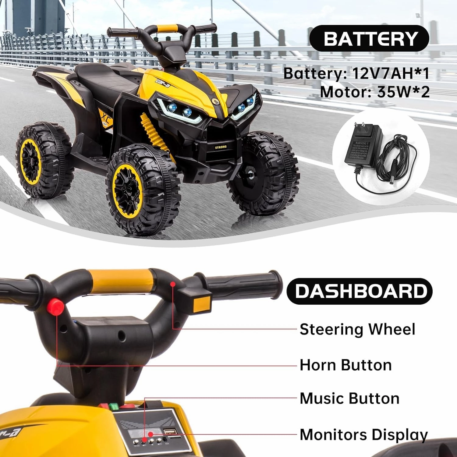 12V Kids Ride On ATV, Electric Battery, Powered Four Wheeler with Music, Led Lights, Soft Start, USB Port, and Treaded Tires, Adjustable High/Low Speed Modes; Perfect for Boys and Girls (Yellow)