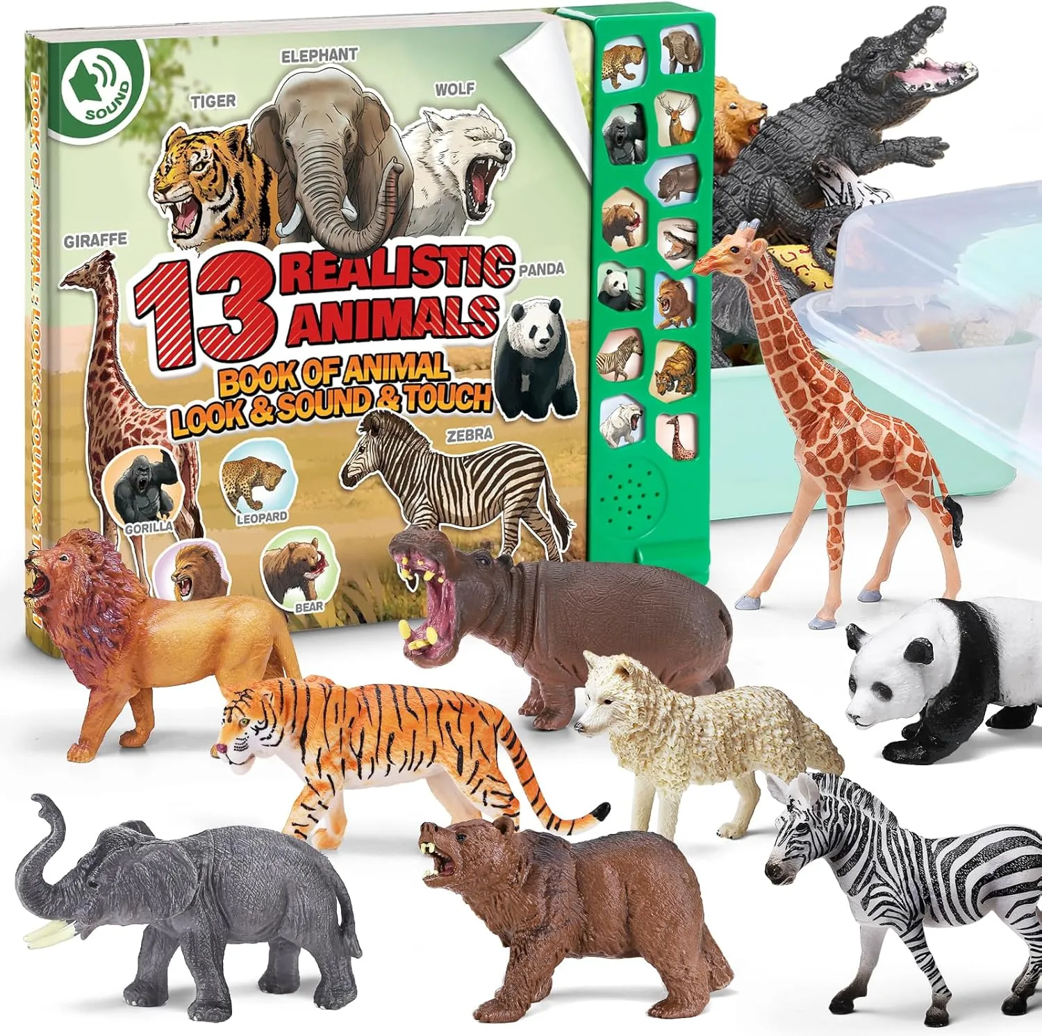 13 Realistic Animal Figures with Kids Sound Book & Storage Box, Educational Safari Animal Model Toy, Plastic Zoo Animal Figurines, Wild Themed Jungle Party Favor Birthday Gift for Toddler Boy Girl