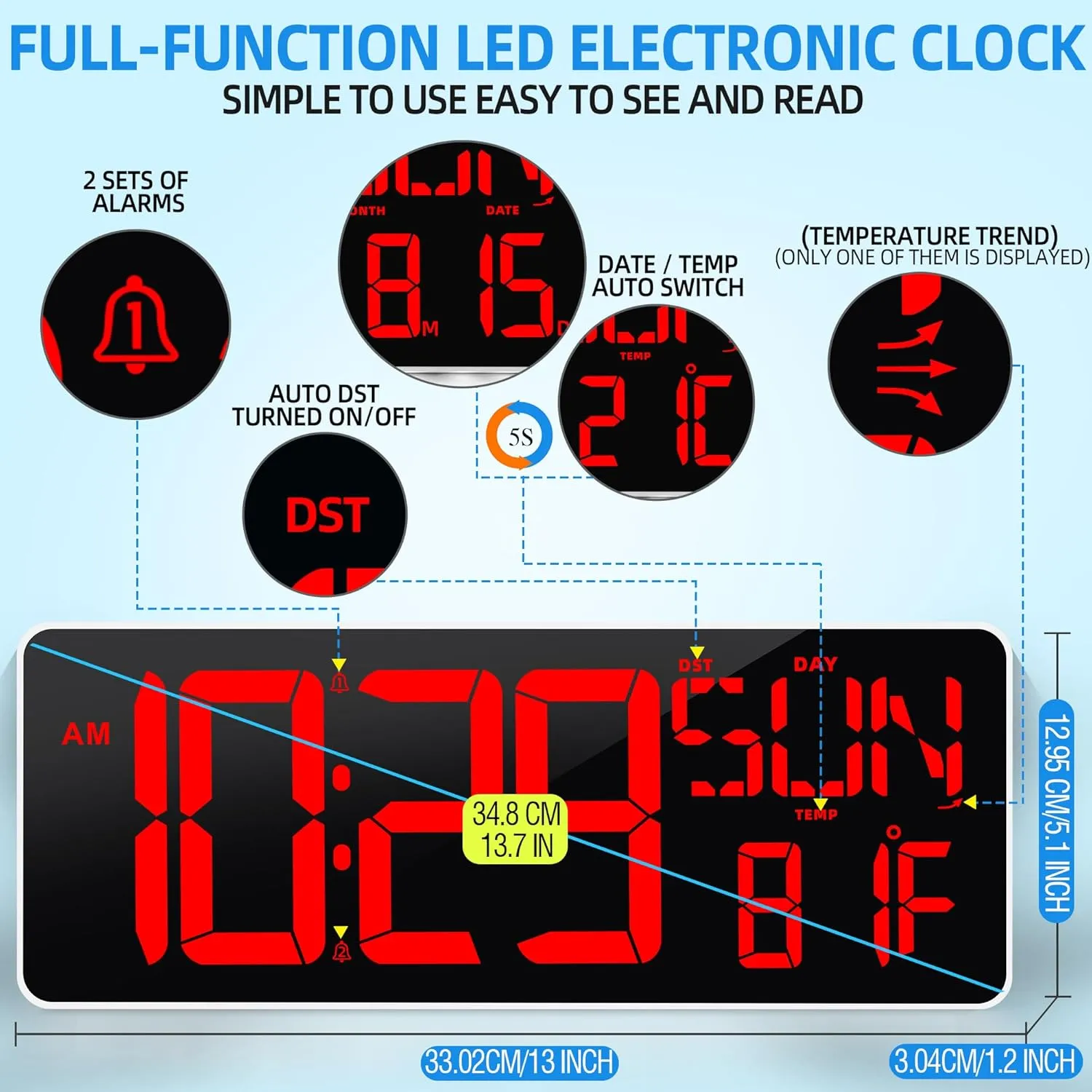 13.7”Digital Timer Large LED Screen displays（5'' Number）,The Date time, Remote Control, Turn on/Off 10 Seconds Countdown Voice Notification, for Chefs,Students, Children, Seniors