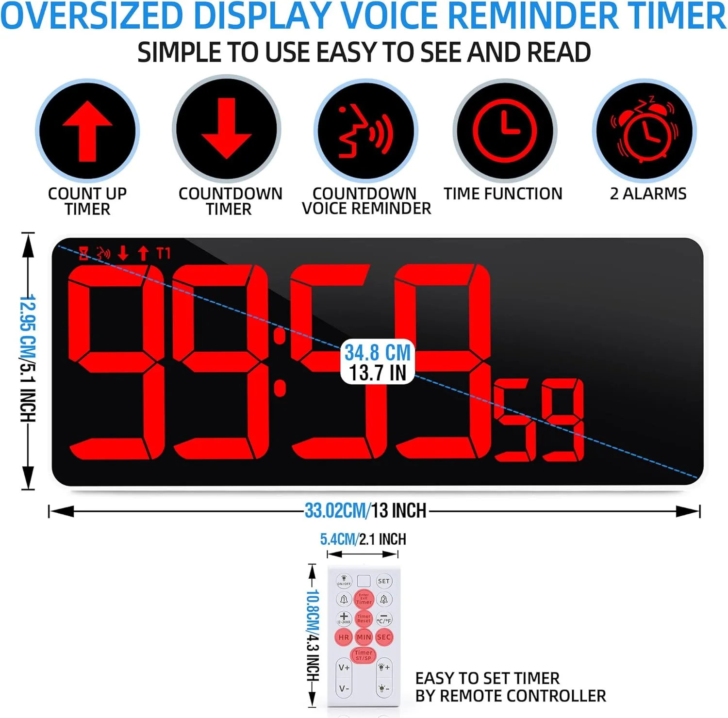 13.7”Digital Timer Large LED Screen displays（5'' Number）,The Date time, Remote Control, Turn on/Off 10 Seconds Countdown Voice Notification, for Chefs,Students, Children, Seniors