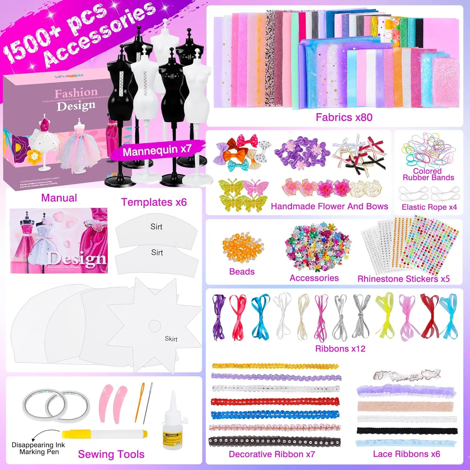 1500 Pcs Fashion Designer Kit for Girls, Sewing Kit with 7 Mannequins, DIY Arts and Crafts Kit for Kids, Doll Clothes Making Kit, Girl Toys for Age 6 7 8 9 10 11 12 Year Old Gifts