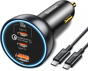 160W USB C Car Charger, Baseus Type C Car Charger, QC5.0 PD3.0 PPS 3 Ports Super Fast Charging Car Phone Charger Adapter for iPhone 15 14 13 Pro, Samsung S22 iPad MacBook Pro