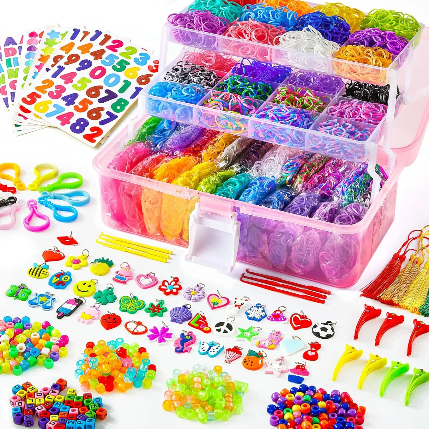 17500  Rubber Loom Bands with 3 Layer Pink Container, 28 Colors, 600 S-Clips, 352 Beads, 40 Cartoon Pendant, Bracelet Making Refill Kit for Kids