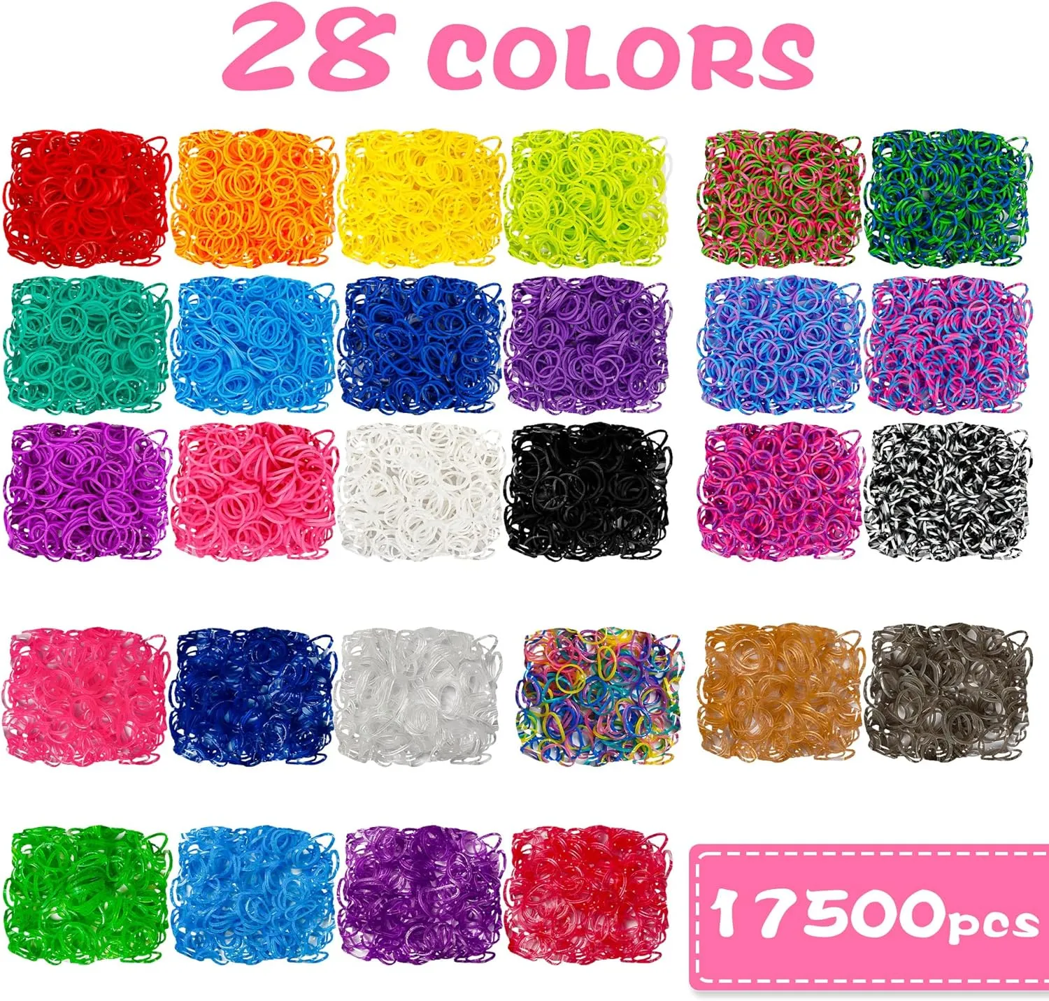 17500  Rubber Loom Bands with 3 Layer Pink Container, 28 Colors, 600 S-Clips, 352 Beads, 40 Cartoon Pendant, Bracelet Making Refill Kit for Kids