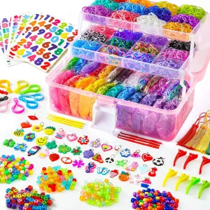 17500  Rubber Loom Bands with 3 Layer Pink Container, 28 Colors, 600 S-Clips, 352 Beads, 40 Cartoon Pendant, Bracelet Making Refill Kit for Kids
