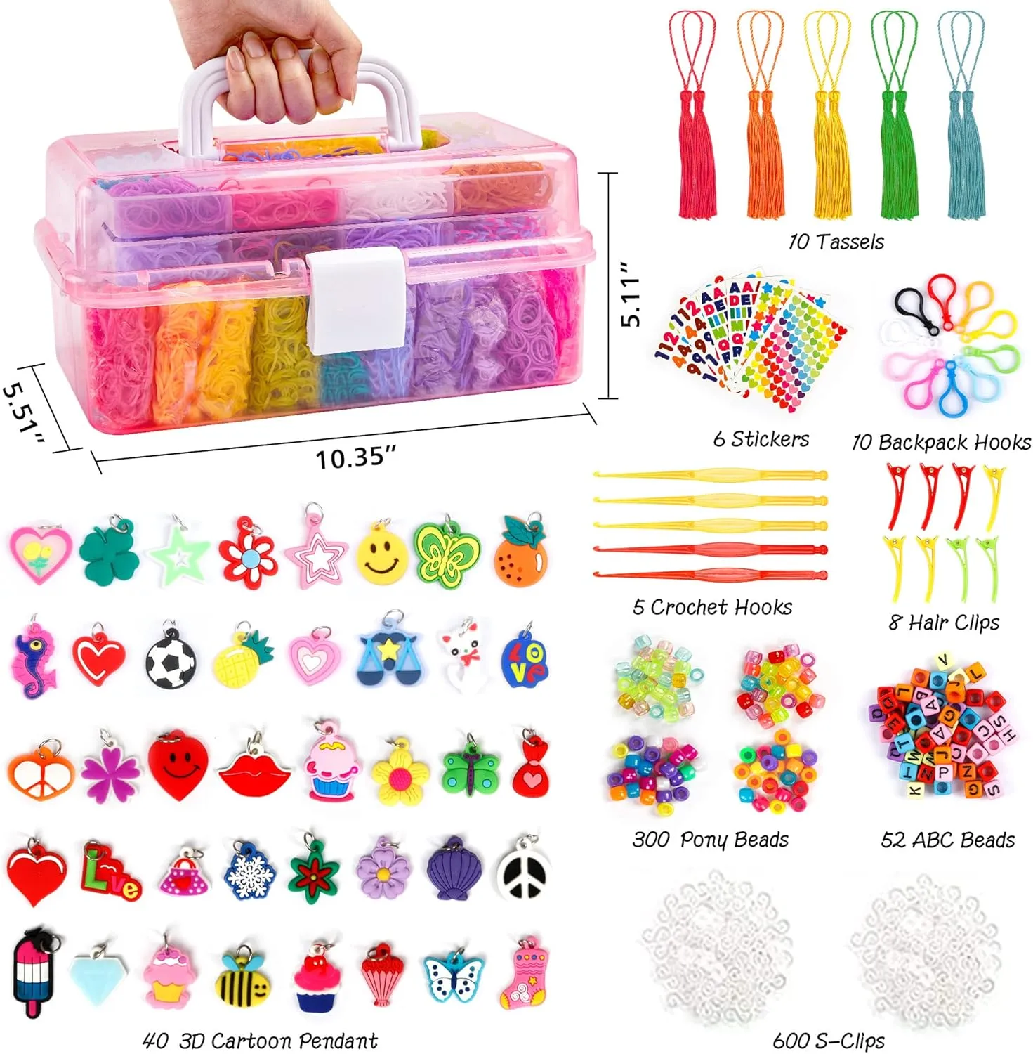 17500  Rubber Loom Bands with 3 Layer Pink Container, 28 Colors, 600 S-Clips, 352 Beads, 40 Cartoon Pendant, Bracelet Making Refill Kit for Kids