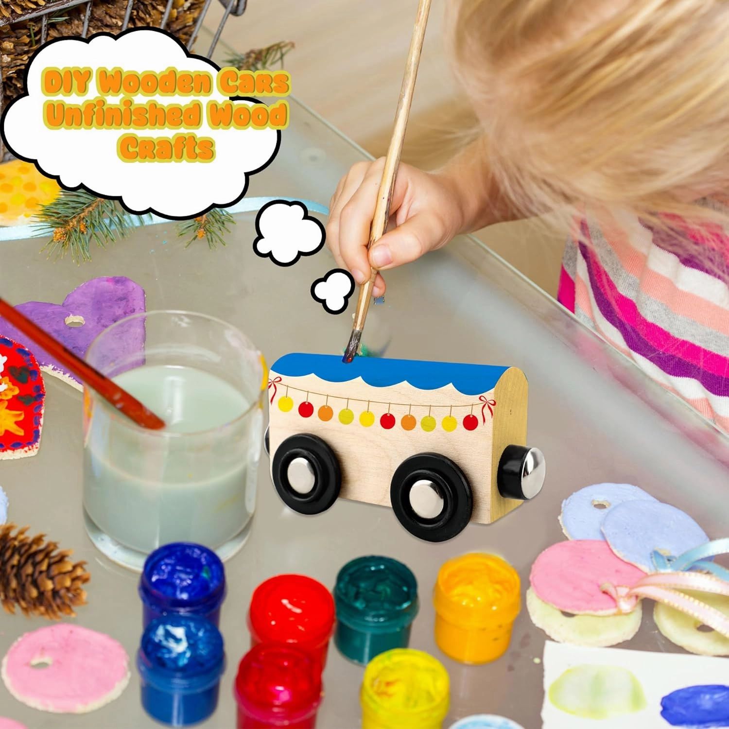 18 Pack Unfinished Wooden Cars Unpainted Magnetic Wood DIY Crafts Trains Car for DIY Craft Activities Birthday Gift (Color Set 1)