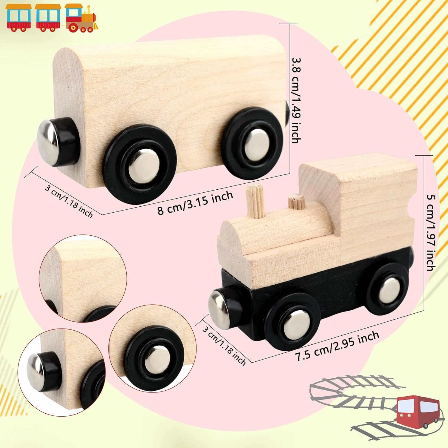 18 Pack Unfinished Wooden Cars Unpainted Magnetic Wood DIY Crafts Trains Car for DIY Craft Activities Birthday Gift (Color Set 1)