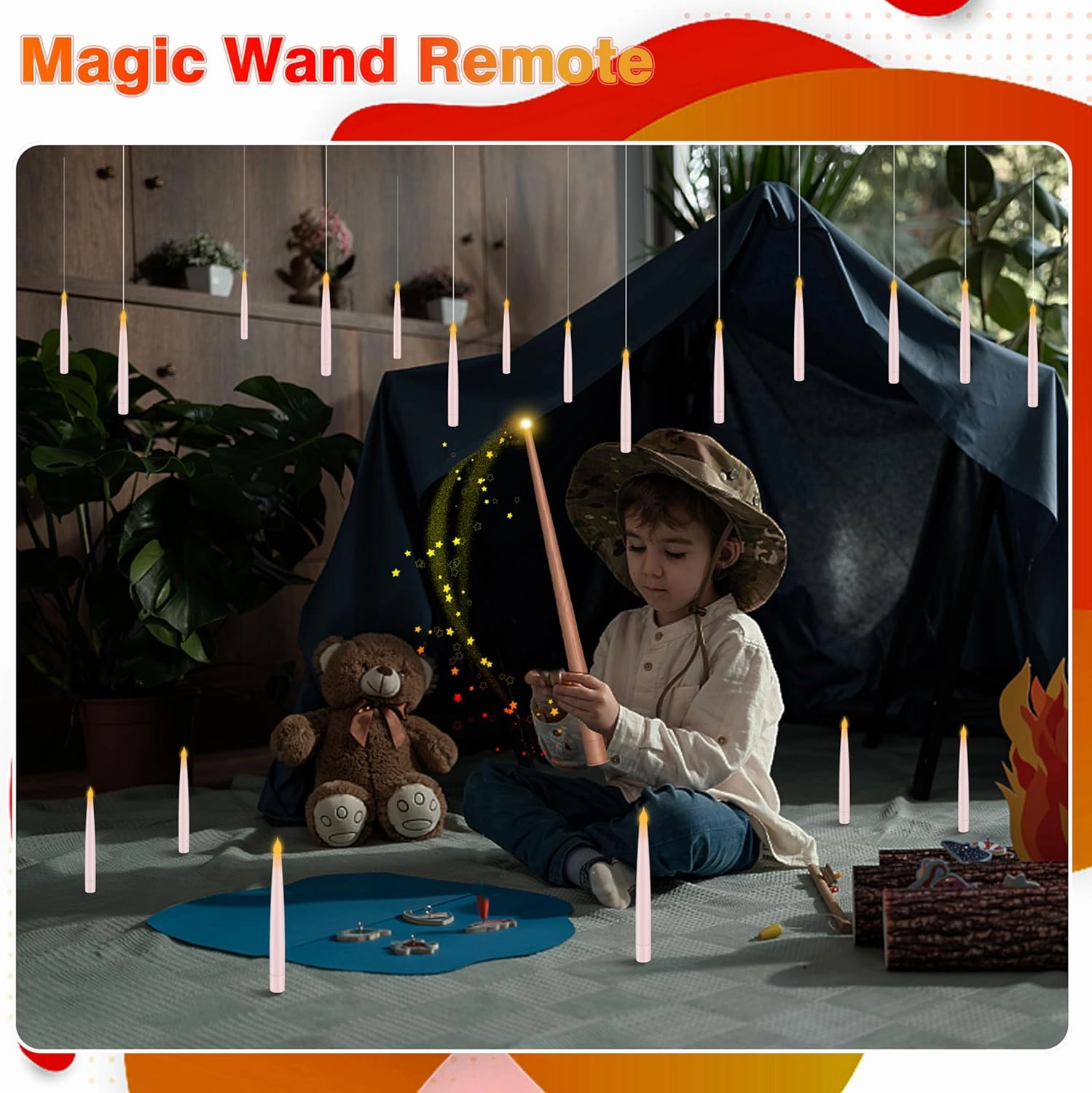 18 Pcs Floating Candles with Wand, Magic Decorations Magic Hanging Candles, Battery Operated Window Candles with Wand Remote, Flameless Flickering Warm Light LED Candles for Theme Party Decor, Gift