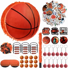 1 Ball Piñata Set with Blindfold, Baton and Paper Scrap, Stickers, Keychains, Bracelets, Mini Balls for Birthday Decoration Sport Themed Party Supplies(Basketball)