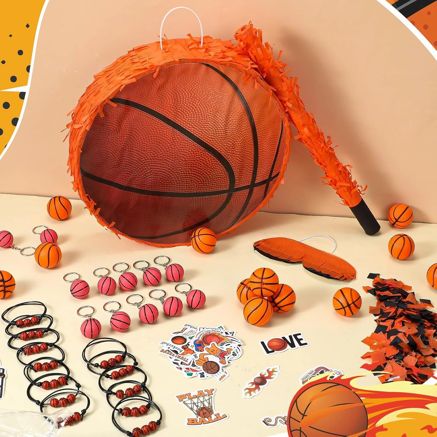 1 Ball Piñata Set with Blindfold, Baton and Paper Scrap, Stickers, Keychains, Bracelets, Mini Balls for Birthday Decoration Sport Themed Party Supplies(Basketball)