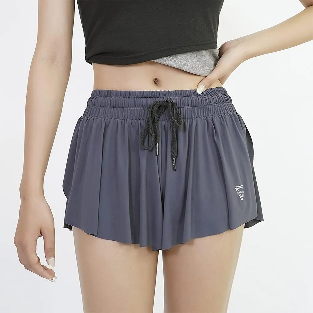 2 in 1 Flowy Running Shorts for Women Gym Yoga Athletic Womens Workout Biker Spandex Lounge Sweat Skirt Summer