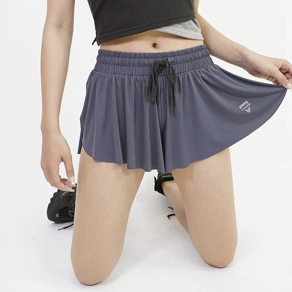2 in 1 Flowy Running Shorts for Women Gym Yoga Athletic Womens Workout Biker Spandex Lounge Sweat Skirt Summer