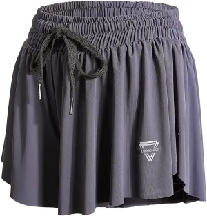 2 in 1 Flowy Running Shorts for Women Gym Yoga Athletic Womens Workout Biker Spandex Lounge Sweat Skirt Summer