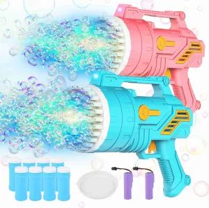2-Pack Bubble Machine Gun,69 Holes Bubble Gun with Light,8 Bottles Bubble Solution Bubble Blower Maker for Kids Summer Outdoor Toy Wedding Party Birthday Gifts