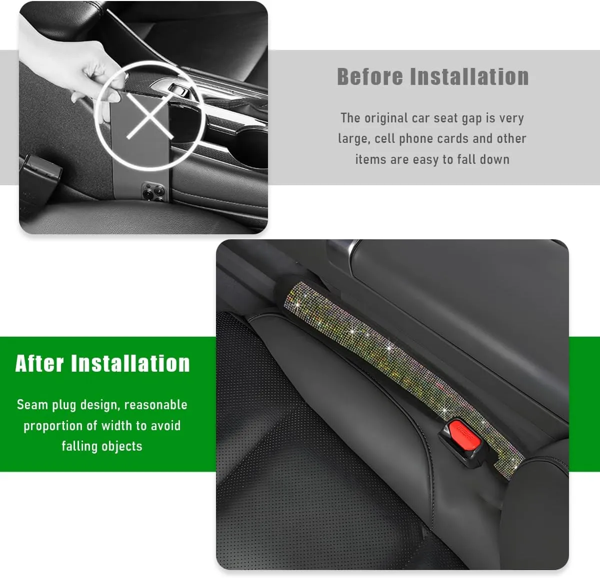 2 PCS Bling Car Seat Gap Filler, Soft Foam Seat Side Gap Filler with Sparkling Crystal Rhinestone, Gap Stopper Filler for Cars, Trucks, SUVs, Universal Car Accessories (Colorful)
