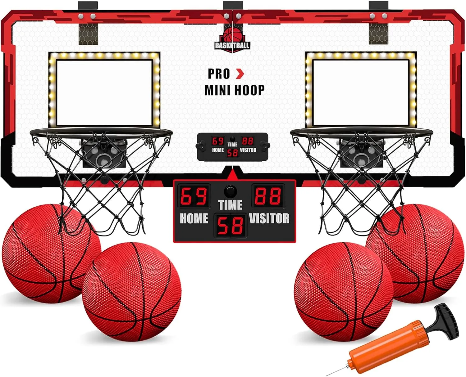 2 Player Basketball Game, Dual Shot Over The Door Mini Basketball Hoop Indoor with Scoreboard & LED, Basketball Toy Gifts for Kids Boys Girls Adults, Suit for Bedroom/Office/Outdoor/Pool, Red