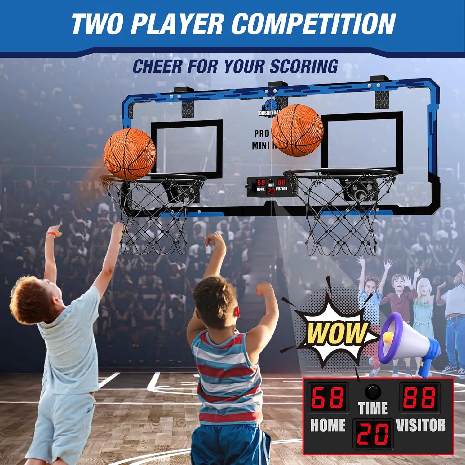 2 Player Basketball Game, Dual Shot Over The Door Mini Basketball Hoop Indoor with Scoreboard, Basketball Toy Gifts for Kids Boys Girls Adults, Suit for Bedroom/Office/Outdoor/Pool, Blue