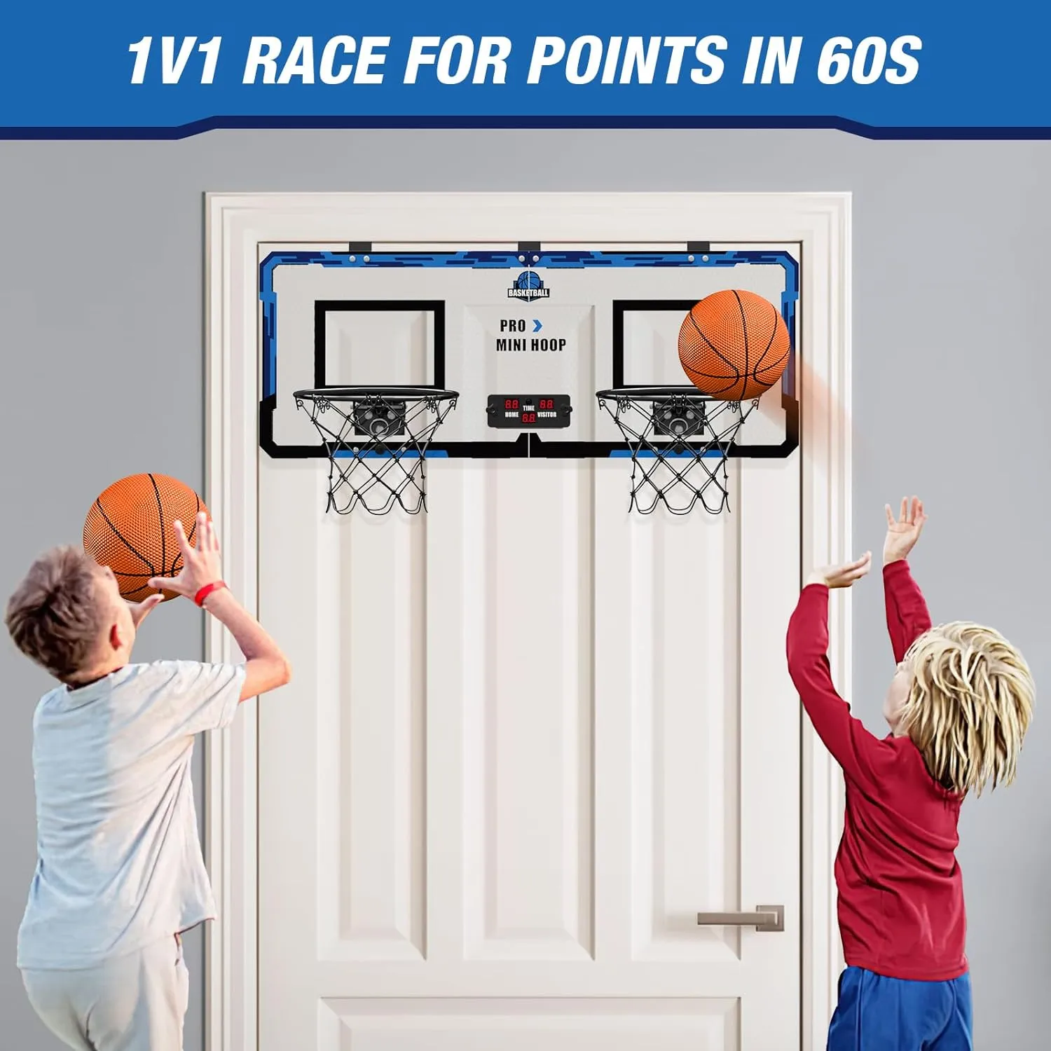 2 Player Basketball Game, Dual Shot Over The Door Mini Basketball Hoop Indoor with Scoreboard, Basketball Toy Gifts for Kids Boys Girls Adults, Suit for Bedroom/Office/Outdoor/Pool, Blue