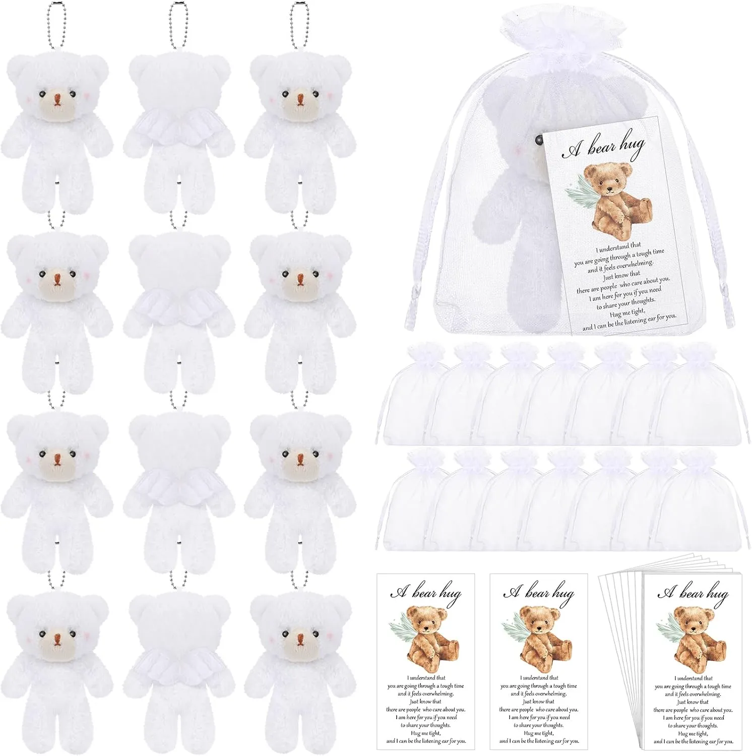 20 Set Mini Plush Angel Pocket Bears Sympathy Gift for Student Inspirational Bear Hug Gift Condolences Card Organza Bag Funeral Memorial Comfort Loss of Loved One