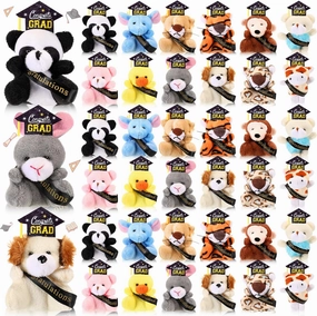 24 Pcs Mini Graduation Stuffed Animal Bulk Tiny Congrats Grad Plush Toy Small Animal Doll Keychain with Grad Hat for 2025 Graduation Party Favors Decoration Classroom Exchange Gift