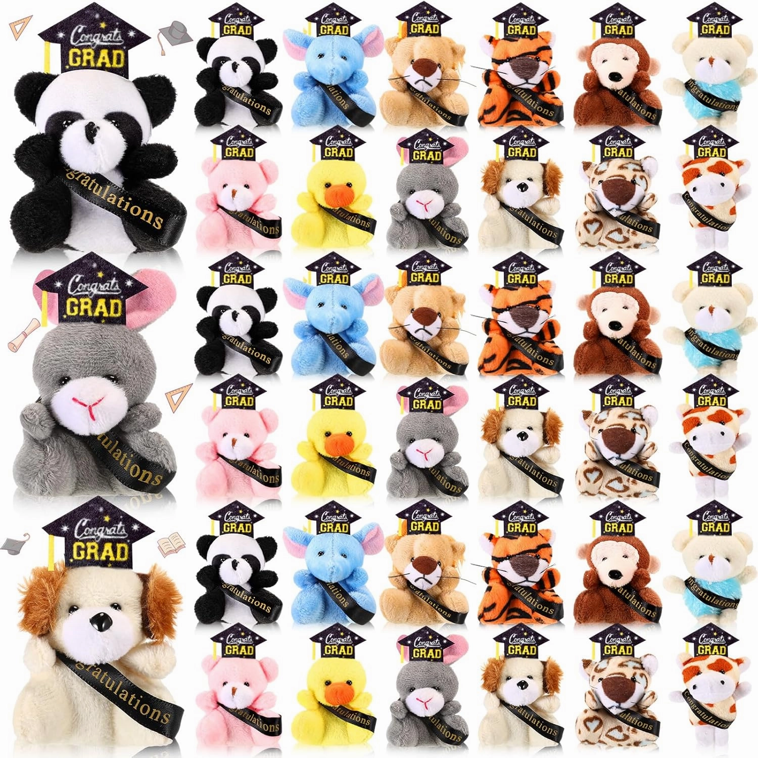 24 Pcs Mini Graduation Stuffed Animal Bulk Tiny Congrats Grad Plush Toy Small Animal Doll Keychain with Grad Hat for 2025 Graduation Party Favors Decoration Classroom Exchange Gift