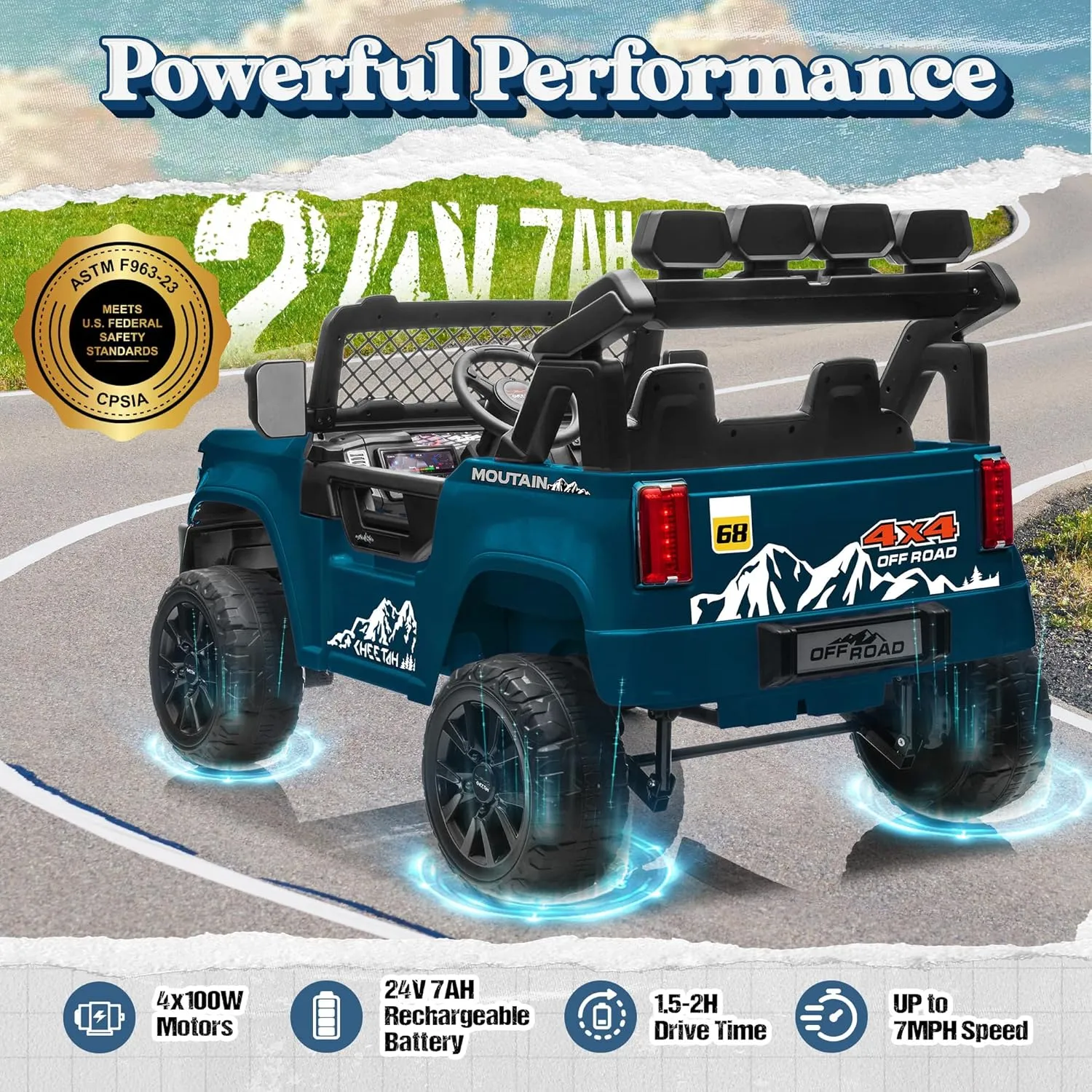 24V Ride on Toys for Big Kids, XL 2 Seater Ride on Car with Remote Control, 4WD/2WD Ride on Truck with 22 Inch Wide Seat, 4x100W Motor, LED Lights, Music, Spring Suspension, Soft Start