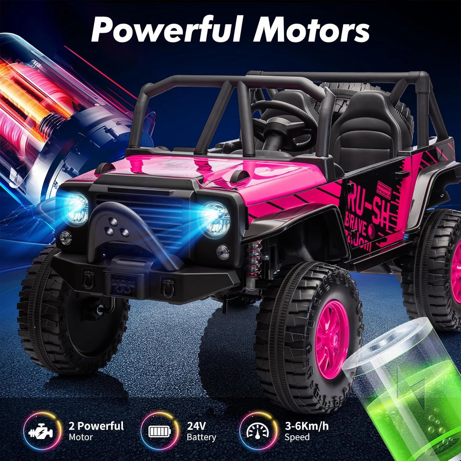 24V 2 Seater Kids Ride On Car Truck with Remote Control, Kids Electric Vehicle with 19" Extra Wide Seat, 2 Powerful Motors, Soft Brake, LED Light, Spring Suspension, Music,Spare Tire(Rose)
