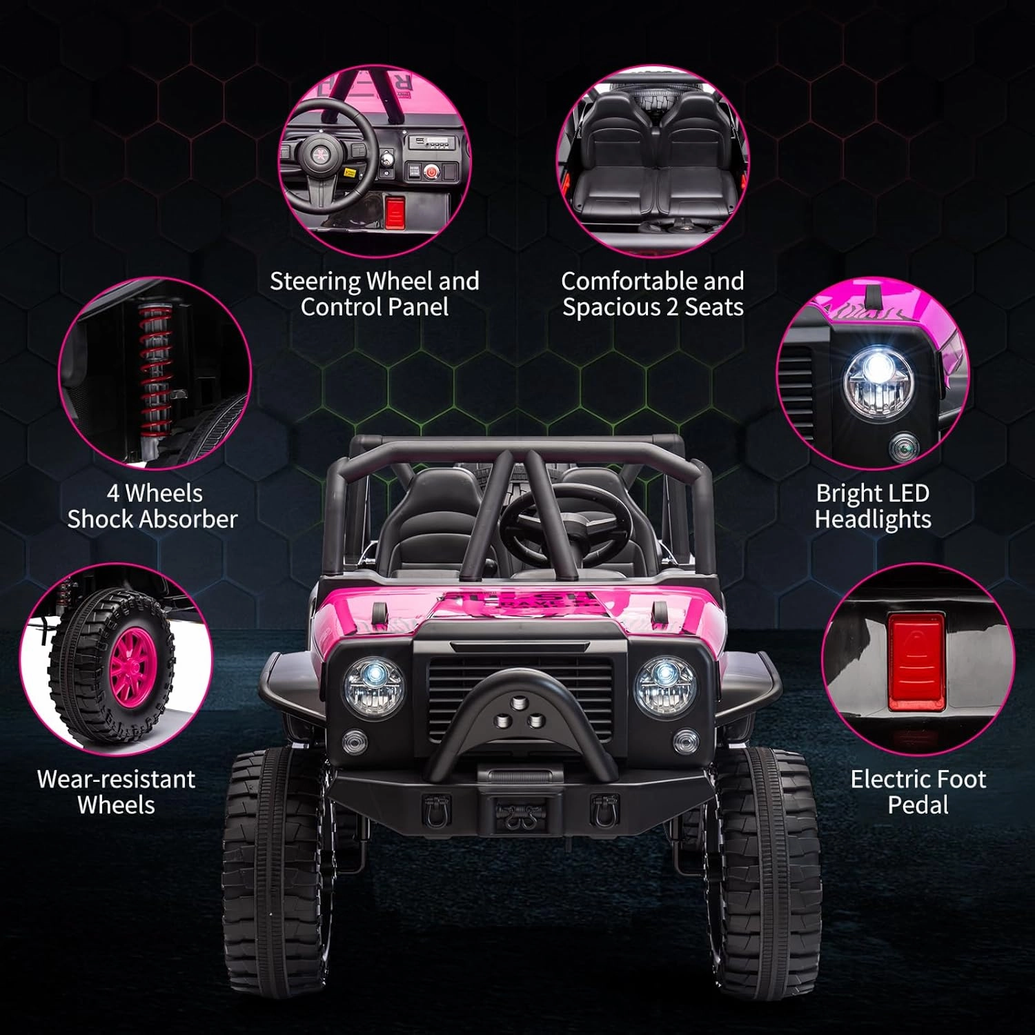 24V 2 Seater Kids Ride On Car Truck with Remote Control, Kids Electric Vehicle with 19" Extra Wide Seat, 2 Powerful Motors, Soft Brake, LED Light, Spring Suspension, Music,Spare Tire(Rose)