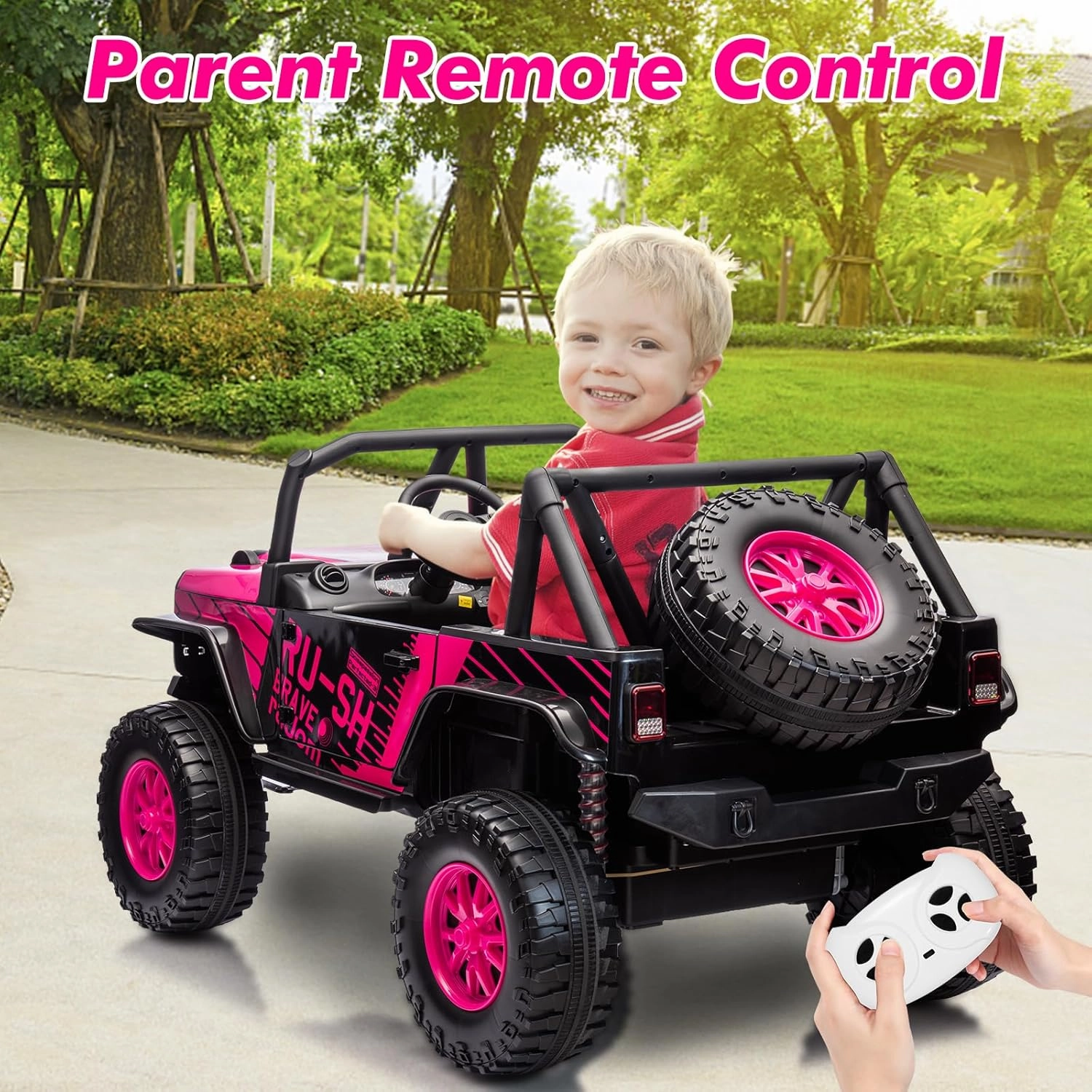 24V 2 Seater Kids Ride On Car Truck with Remote Control, Kids Electric Vehicle with 19" Extra Wide Seat, 2 Powerful Motors, Soft Brake, LED Light, Spring Suspension, Music,Spare Tire(Rose)