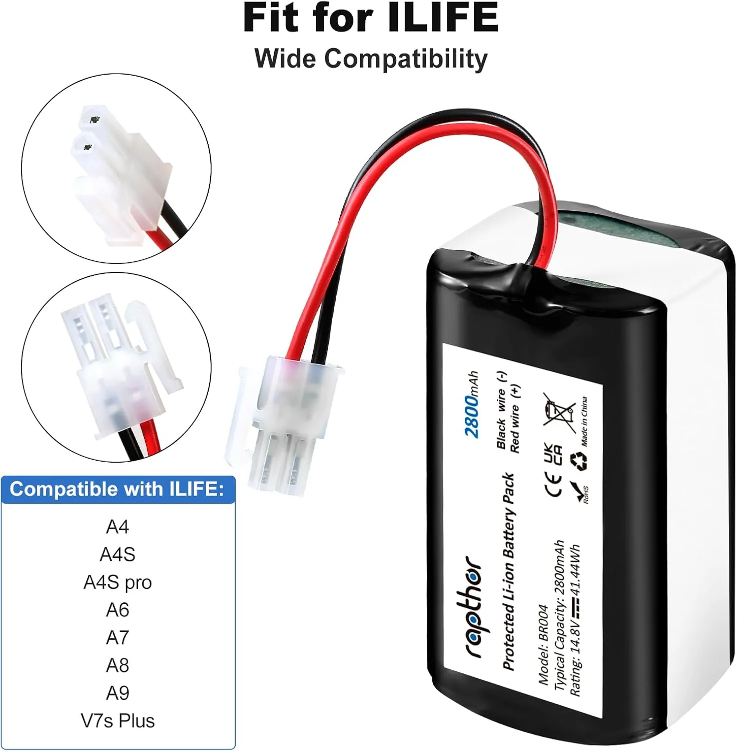 2800mAh Replacement Battery for ILIFE A4S Robot, Compatible with A4/A4S/A4S pro/A6/A7/A9/A10/V3x/V7/V7s Plus/V7 PRO/W400/W400s/W450 Robot Vacuum Cleaners,14.8V/41.44Wh(1PCS)