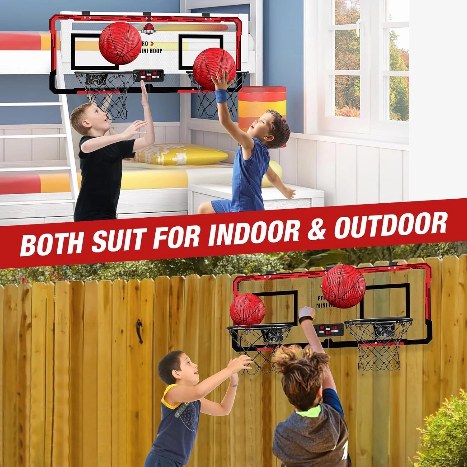 2 Player Basketball Game, Dual Shot Over The Door Mini Basketball Hoop Indoor with Scoreboard, Basketball Toy Gifts for Kids Boys Girls Adults, Suit for Bedroom/Office/Outdoor/Pool, Red