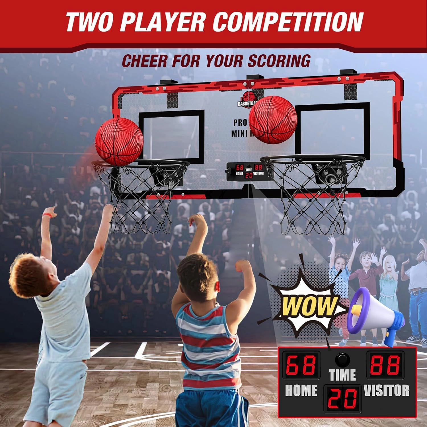 2 Player Basketball Game, Dual Shot Over The Door Mini Basketball Hoop Indoor with Scoreboard, Basketball Toy Gifts for Kids Boys Girls Adults, Suit for Bedroom/Office/Outdoor/Pool, Red