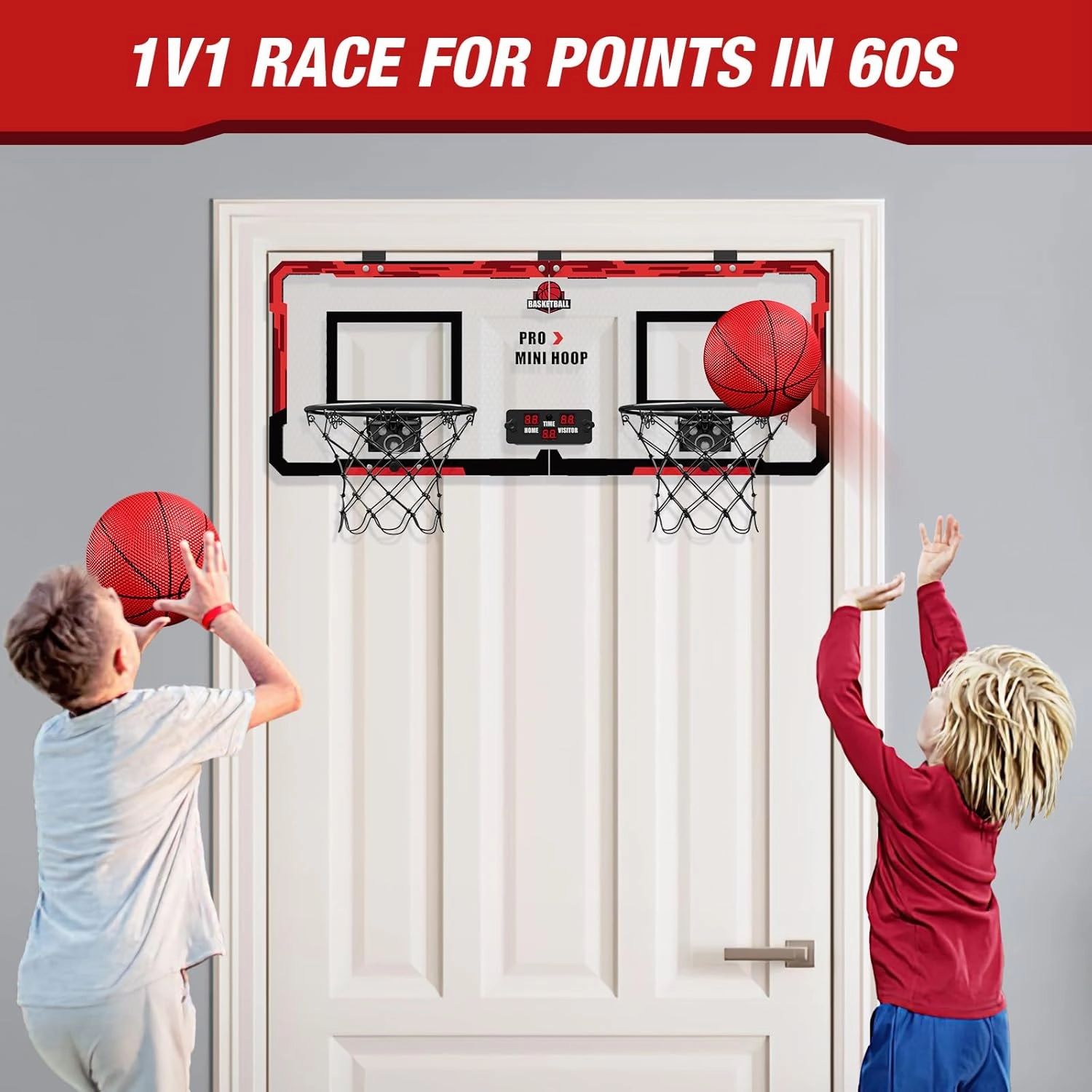 2 Player Basketball Game, Dual Shot Over The Door Mini Basketball Hoop Indoor with Scoreboard, Basketball Toy Gifts for Kids Boys Girls Adults, Suit for Bedroom/Office/Outdoor/Pool, Red