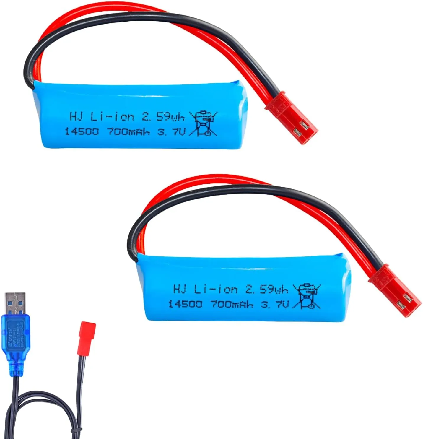2Pcs 15C 3.7v Lipo Battery 700mAh JST Plug with USB Charging Cable for Huina 1337 1338 RC Construction Trucks 1337 Matching Car Robot Toy Water-Gun Soft-Gun