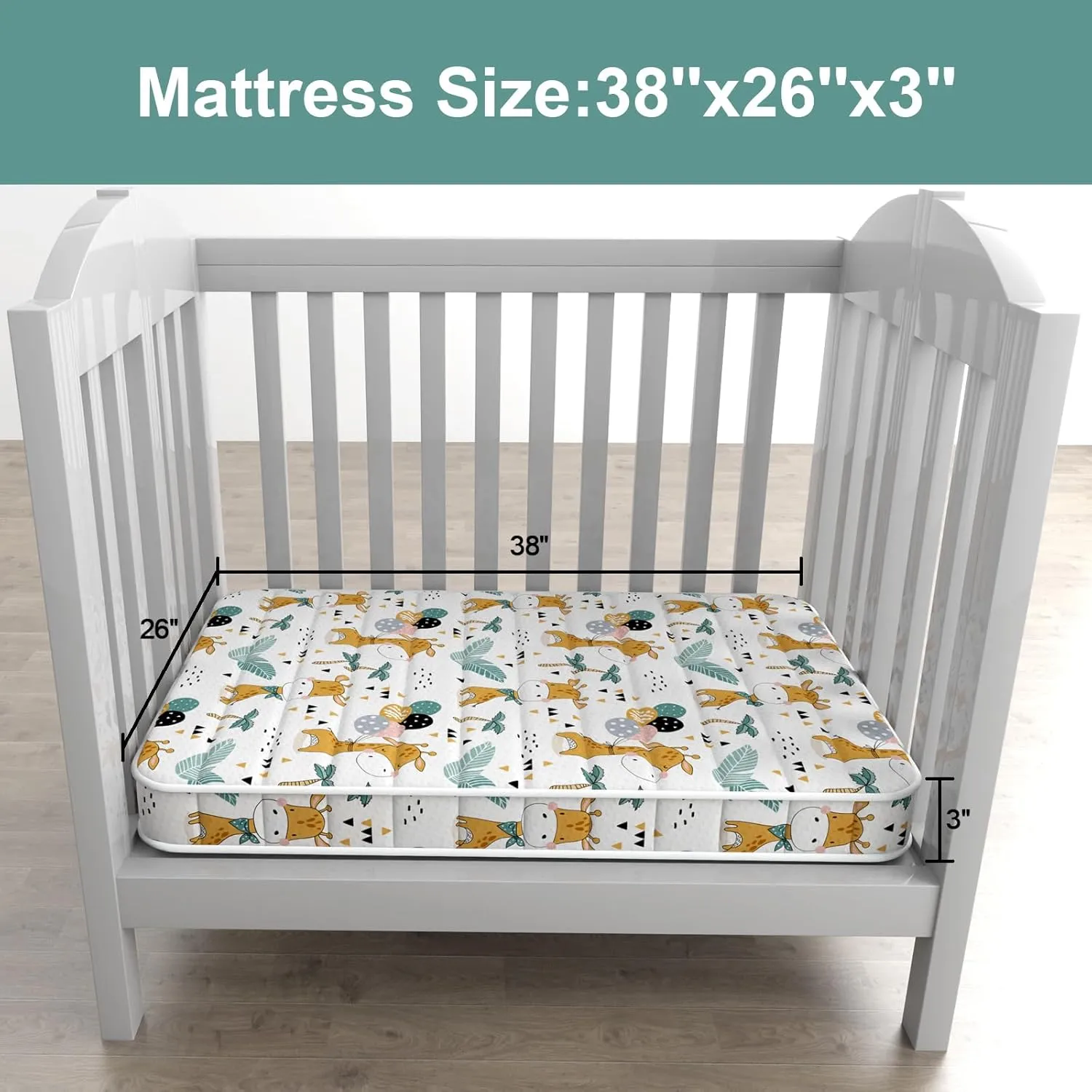 3 Inch 38x26 Mini Crib Mattress, No Gaps Edge Reinforcement High Density Foam, Fits Mini Crib, Odorless and Steady, Certipur-us and Oeko -tex Certified, Giraffe