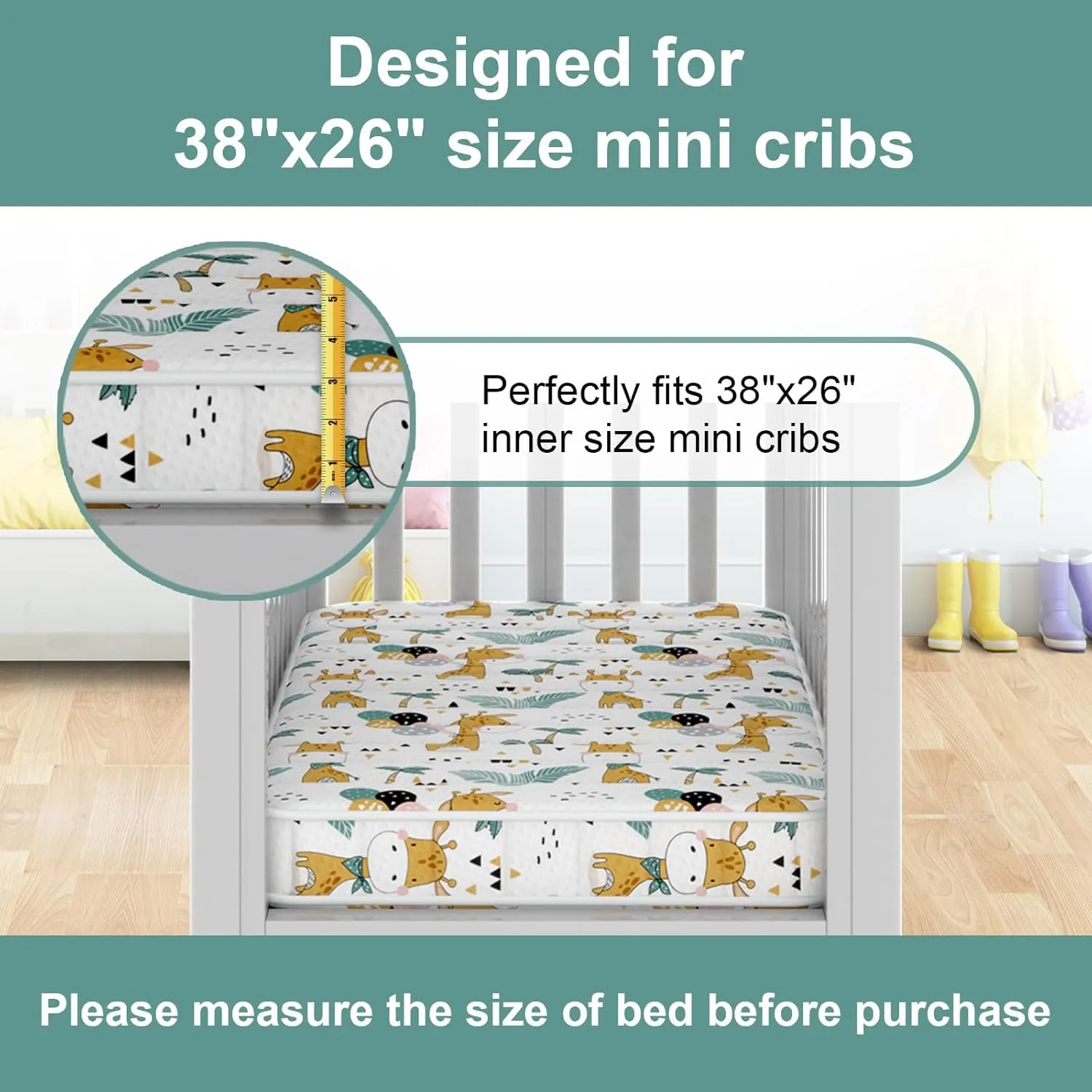 3 Inch 38x26 Mini Crib Mattress, No Gaps Edge Reinforcement High Density Foam, Fits Mini Crib, Odorless and Steady, Certipur-us and Oeko -tex Certified, Giraffe