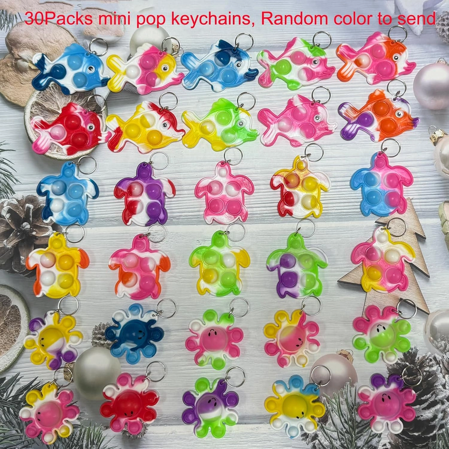 30 Packs Rainbow Octopus Turtle Fish Undersea Mini Pop Fidget Backpack Keychain Bubble Toy for Kids Easter Basket Stuffers Gift, Classroom Student Treasure Box Carnival Prizes