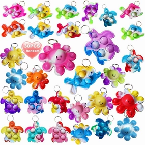 30 Packs Rainbow Octopus Turtle Fish Undersea Mini Pop Fidget Backpack Keychain Bubble Toy for Kids Easter Basket Stuffers Gift, Classroom Student Treasure Box Carnival Prizes