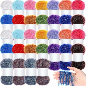 32 Skeins Yarn for Scrubbies 2624 Yard Colorful Sparkly Bilateral Assorted Polyester Rainbow Crochet Soft Crochet Yarn Craft Kit, 82 Yards Each